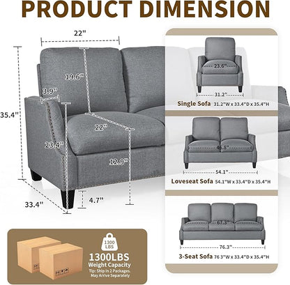 3 Piece 6-Seater Living Room Sofa Set, Modern Upholstered 3-Seater Sofa, Loveseat & Armchair, Handmade Nailhead Trim, Ergonomic Deep-Seat Couch for Living Room, Bedroom, Apartment, Gray