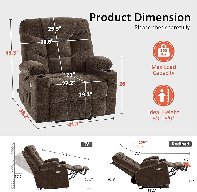 MCombo Oversized Power Lift Recliner Chair with Extended Footrest for Elderly People, Fabric R7289 (Brown, Medium-Oversize)