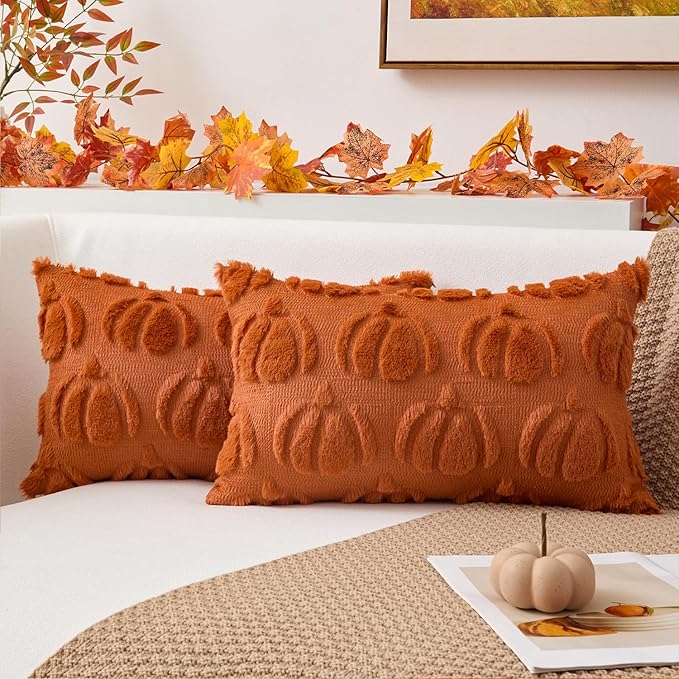 Kevin Textile Fall Pillow Covers 12x20 Inch Set of 2 Soft Pumpkins Decorative Lumbar Throw Cushions Plush Autumn Faux Fur Harvest Gift for Couch Sofa Chair Bedroom Home Decor, Brown