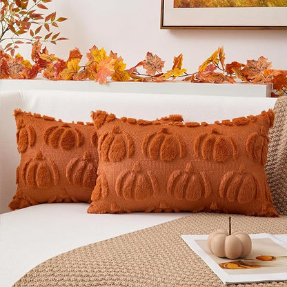 Kevin Textile Fall Pillow Covers 12x20 Inch Set of 2 Soft Pumpkins Decorative Lumbar Throw Cushions Plush Autumn Faux Fur Harvest Gift for Couch Sofa Chair Bedroom Home Decor, Brown