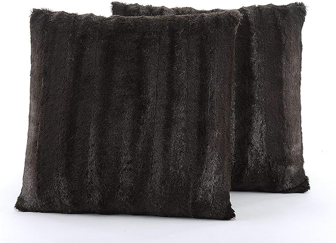 Cheer Collection Faux Fur Throw Pillows - Decorative Pillows for Couch, Bed Throw Pillows, Chocolate Accent Pillows for Bedroom or Living Room Aesthetic, Set of 2 Furry Throw Pillows, 18”x18”