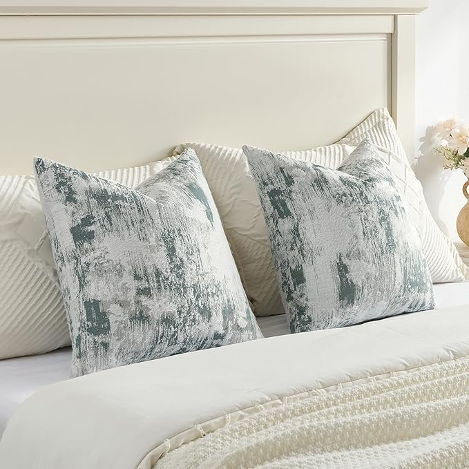 FUTEI Teal White Decorative Throw Pillow Covers 18x18 Inch Set of 2,Soft Faux Cashmere Jacquard - Textured & Cozy Cushion Case,Modern Home Decor for Couch Bed Living Room