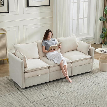 80" Cloud Modular 3 Seater Sofa with Storage, Modern Upholstered Storage Sofa Couch Deep Seat, Sectional Sofa Chenille Comfy Couch with Armrests for Living Room, Small Space, Beige