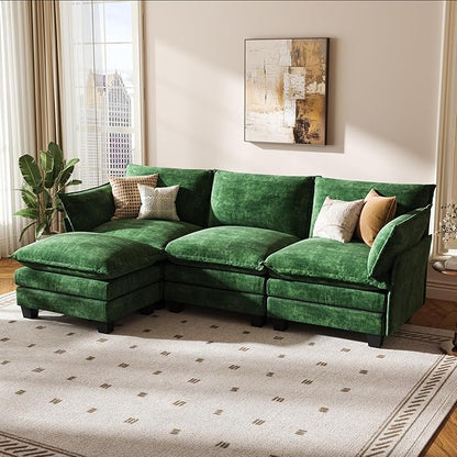 KKL 91.3" Modular Sectional Sofa, L-Shaped 4 Seater Cloud Couch with Ottoman, Chenille Modern Sectional Couches for Living Room, Apartment, Green