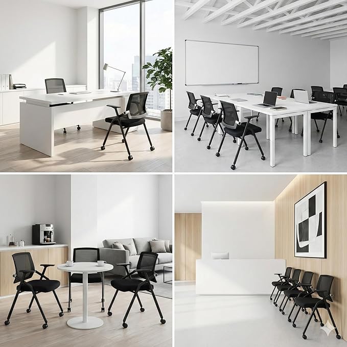 30 Pack Stackable Conference Room Chairs with Paddle Folding Office Chair Foldable Desk Chair Mesh Back and Arms for Conference Meeting Guest Reception Home Office Training Room Chair Black