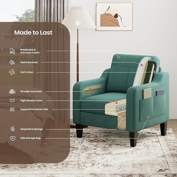 Accent Chair for Living Room Modern Linen Upholstered Armchair Side Wooden Fabric Sofa Chair with Foldable Table 2 Side Pockets Comfy Reading Chair for Bedroom