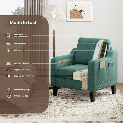 Accent Chair for Living Room Modern Linen Upholstered Armchair Side Wooden Fabric Sofa Chair with Foldable Table 2 Side Pockets Comfy Reading Chair for Bedroom