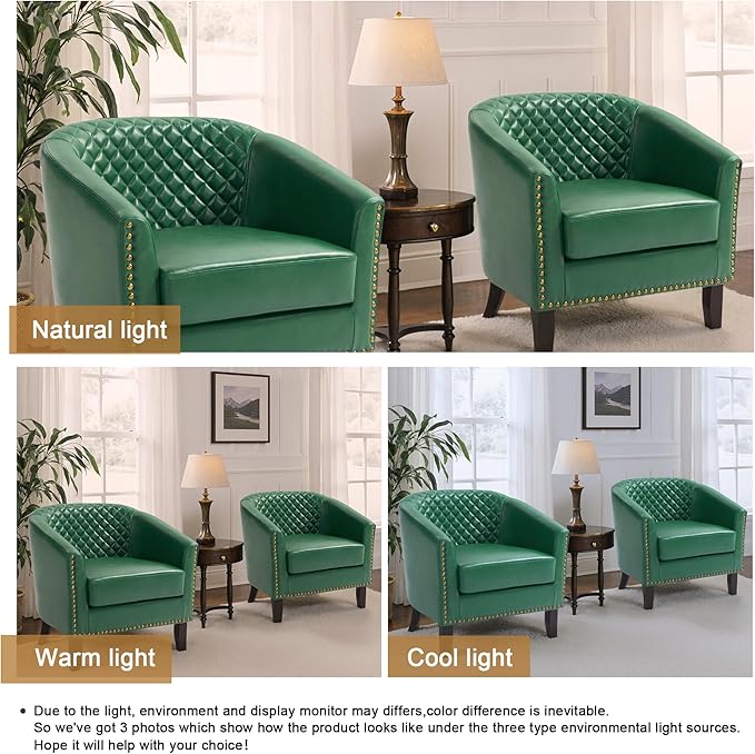 Pia Ricco Faux Leather Barrel Chairs Set of 2, Modern Comfy Accent Chairs, Upholstered Armchair Club Chairs with Nailhead Trim, Single Sofa Barrel Chair for Living Room Reading Room, Green