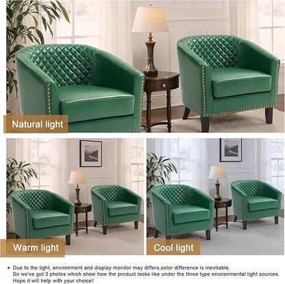 Pia Ricco Faux Leather Barrel Accent Chair, Modern Club Arm Chair Comfy Upholstered Single Sofa Chair with Solid Wood Legs and Nailhead Trim for Living Room/Reading Room (Green)