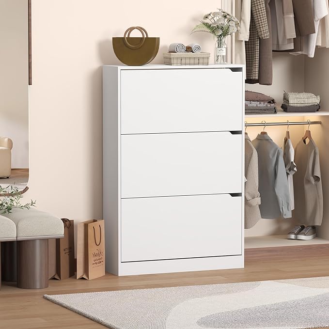 Shoe Storage Cabinet with 3 Flip Drawers, Slim Hidden Wood Shoe Cabinet Storage for Entryway, Freestanding Narrow Shoe Rack Organizer with Adjustable Shelves for Foyer, Hallway, White