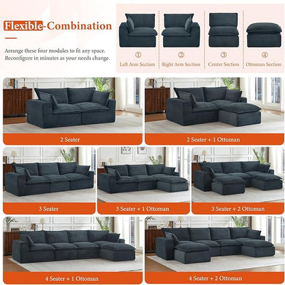 108" Sectional Couches for Living Room Boneless Couch Upholstered Cloud Couch Sectional Modular Sectional Sofa with L Shaped (Corduroy-Blue, 3 Seat+1 Ottoman)