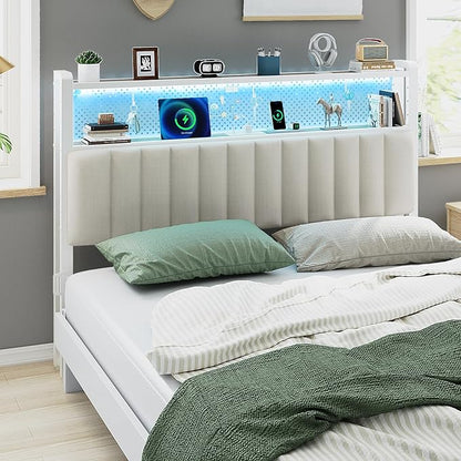 VINGLI Queen Size Headboard Only, Adjustable Upholstered Headboard with 2 Tier Shelves and Pegboard with Charging Stations and LED Lights, Modern Bed Headboard with Storage for Bedroom Decor