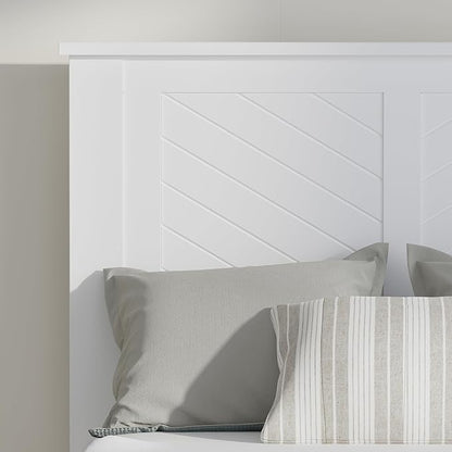 Serene Farmhouse Style Wood Bed in Twin Size with Chevron Scoring Headboard, Coastal Modern Design, Sturdy, Easy Assembly, Ample Underbed Storage, White Finish