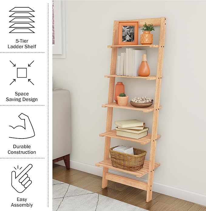5-Tier Ladder Shelf - 50-Inch Narrow Leaning Bookshelf - Wooden Bookcase for Living Room, Bathroom, Kitchen, Office, or Bedroom Furniture by Lavish Home (Oak)