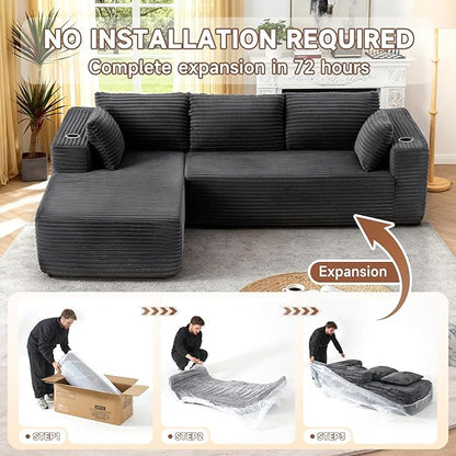 106" Cloud Couch Corduroy Modular Sectional Sofa L-Shape Boneless Couch with Wide Armrests and Cup Holders for Living Room Bedroom, No Assembly Required (Grey)
