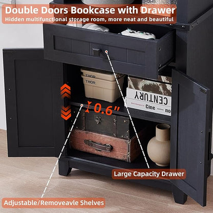 72in Tall Bookshelf 7 Tier Bookcase with Drawer and Barn Doors and Adjustable Shelves, Black Farmhouse Book Shelf with Storage Cabinet, Wood Freestanding Display Bookshelves for Kitchen (4PCS)