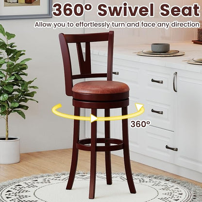COSTWAY Barstools Set of 2, 30” Faux Leather Upholstered Bar Stools with High Backs and Footrests, Armless Kitchen Island Dining Chairs with Solid Wood Legs, Cappuccino (2, 30'' Seat Height)