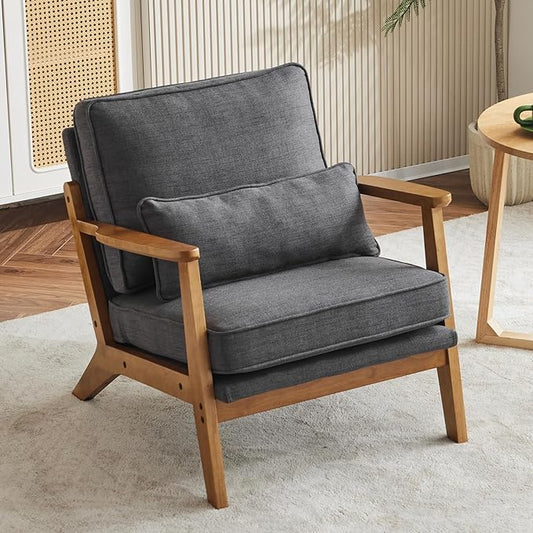 Karl home Accent Chair Wide Armrest Mid-Century Lounge Chair Linen Fabric Armchair with Lumbar Pillow & Solid Wood Frame for Living Room, Bedroom, Balcony, Gray