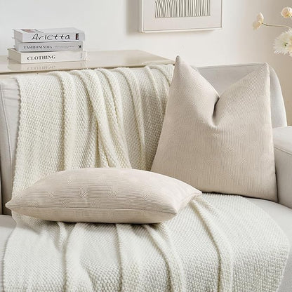 FUTEI Beige Chenille Decorative Throw Pillow Covers 22x22 Inch Set of 2,Soft Cozy Striped Geometric Patterns Cushion Case,Modern Home Decor for Couch Bed Living Room