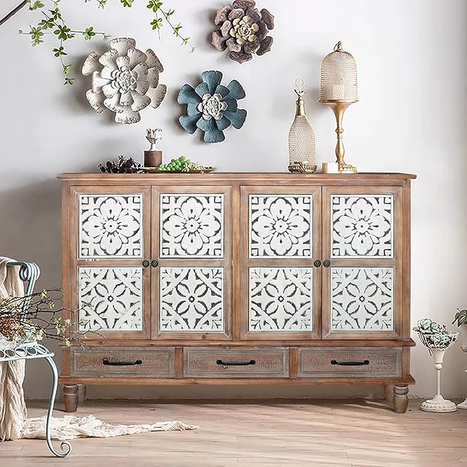 Accent Cabinet with 4 Doors & 3 Drawers, Hollow Carved Storage Sideboard, Wood Buffet Cabinet for Living Room, Dining Room, Entryway (4-Door + 3 Drawers)