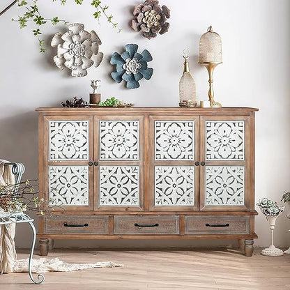 Accent Cabinet with 4 Doors & 3 Drawers, Hollow Carved Storage Sideboard, Wood Buffet Cabinet for Living Room, Dining Room, Entryway (4-Door + 3 Drawers)