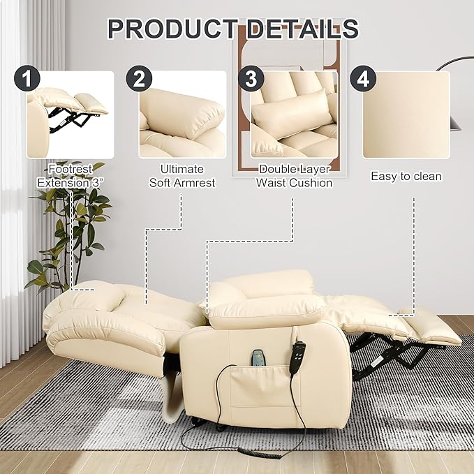 EDILLY Large Reclining Lift Chair, Dual Motor Massage Chair, Genuine Leather Recliner with Heating and Massage for Seniors, with Double Lumbar Cushion and Extended Footrest, USB Port(Beige)