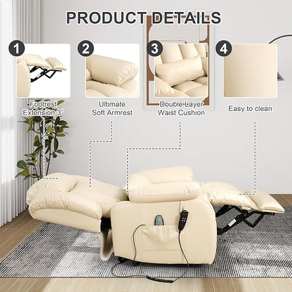 EDILLY Large Reclining Lift Chair, Dual Motor Massage Chair, Genuine Leather Recliner with Heating and Massage for Seniors, with Double Lumbar Cushion and Extended Footrest, USB Port(Beige)