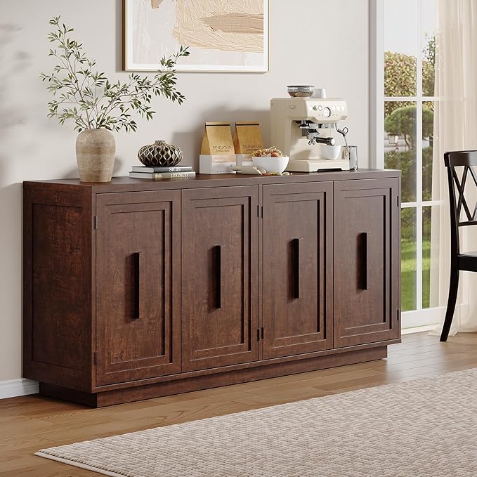 ONBRILL 63 Inches Sideboard Buffet Cabinet with Storage, 4 Doors Large Storage Cabinets with Adjustable Shelves, Modern Sideboard for Kitchen, Living Room, Entryway, Dark Walnut