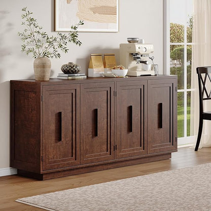 ONBRILL 63 Inches Sideboard Buffet Cabinet with Storage, 4 Doors Large Storage Cabinets with Adjustable Shelves, Modern Sideboard for Kitchen, Living Room, Entryway, Dark Walnut