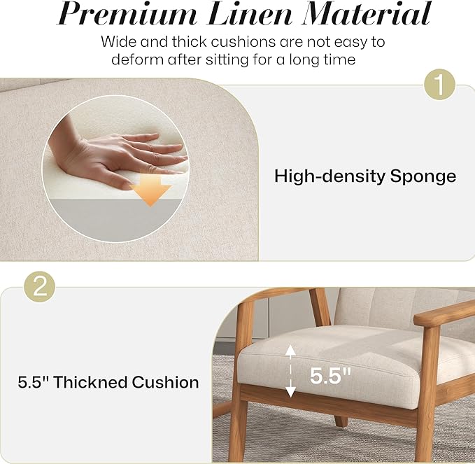 KCC Mid-Century Modern Linen Fabric Accent Chair, Upholstered Leisure Chair Comfy Reading Side Chair with Armrest and Solid Wood Frame for Living Room Bedroom Balcony(Beige)