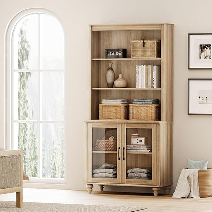 WAMPAT 5 Tier Bookshelf 72" Tall Bookcase with Glass Doors,Large Farmhouse Display Book Shelf with Adjustable Shelves and Storage Cabinet，Library Wood Bookshelves for Living Room,Kitchen, Oak