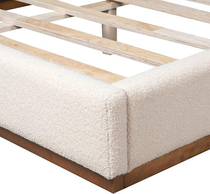 Christopher Knight Home Bettine Boucle Queen Size Bed, Boucle Headboard and Footboard, Rectangular Queen Size Headboard, Slat Panel Support Platform Bed, No Spring Box Needed, Easy Assembly, White