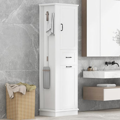 Tall Storage Cabinet, Multi-Use Bathroom Floor Freestanding Storage Cabinet with One Drawer, Adjustable Shelf, and One Tilt-Out Compartment for Bathroom, Office, Living Room, White