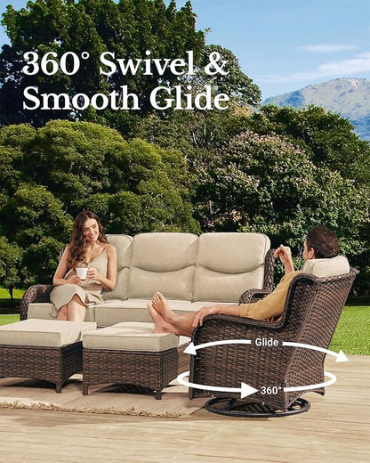 HILLGA Luxury Patio Furniture Set with 6-inch Thick Cushion, Outdoor Couch, Loveseat and High Back Swivel Rocker Patio Chairs, 7PCS Wicker Conversation Set for Deck Yard and Poolside, Beige (V2)