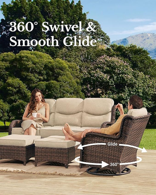 HILLGA Luxury Patio Furniture Set with 6-inch Thick Cushion, Outdoor Couch and High Back Swivel Rocker Patio Chairs, 10PCS Wicker Conversation Set for Deck Yard and Poolside, Beige (V2)