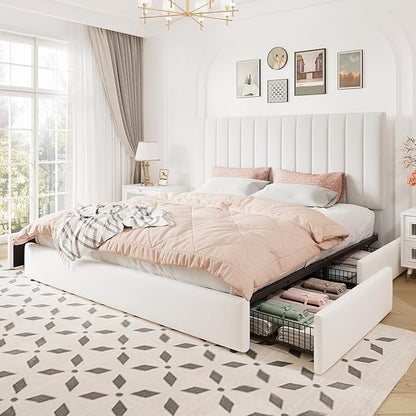 Allewie King Size Storage Bed Frame, Vertical Channel Tufted Adjustable Headboard, Velvet Upholstered Platform Bed with 4 Oversized Underbed Drawers, Wooden Slats Support, No Box Spring Needed, White