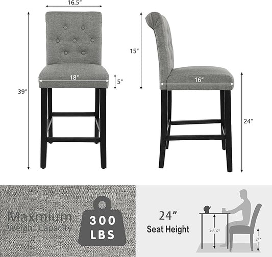 GOTMINSI 24 Inch Bar Stools for Kitchen Island, Set of 2 Fabric Barstools Upholstered Back Counter Bar Stools with Button Tufted Decoration Leisure Style Wooden Bar Chairs(Grey)