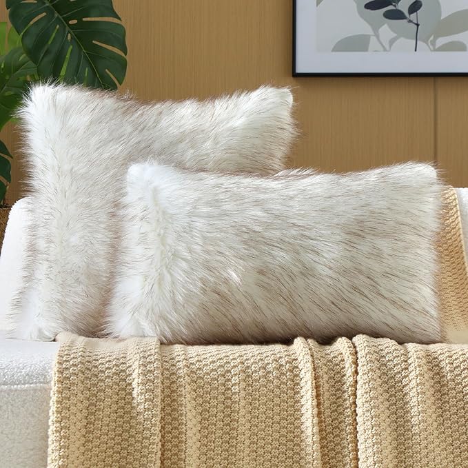 FUTEI Coffee White Decorative Throw Pillow Covers 22x22 Inch Set of 2,Soft Fluffy Faux Fox Fur Textured Cushion Case,Modern Home Decor for Couch Living Room