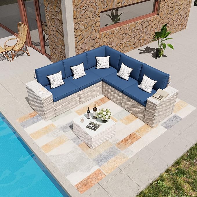 6-Piece Patio Furniture Set, Outdoor Extra Wide Armrest Modular Patio Sofa, Dual-Strand Rattan Wicker, Rust-Resistant Frame, Backyard High Back, Large Seat Furniture for Porch Garden Balcony, Blue
