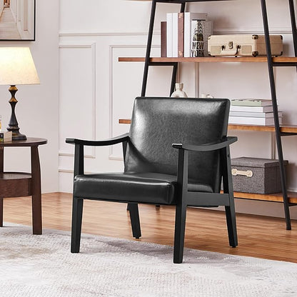 Yaheetech PU Leather Accent Chair, Mid-Century Modern Armchair with Solid Wood Legs, Reading Leisure Chair with High Back for Living Room Bedroom Waiting Room, 2 Pieces, Black