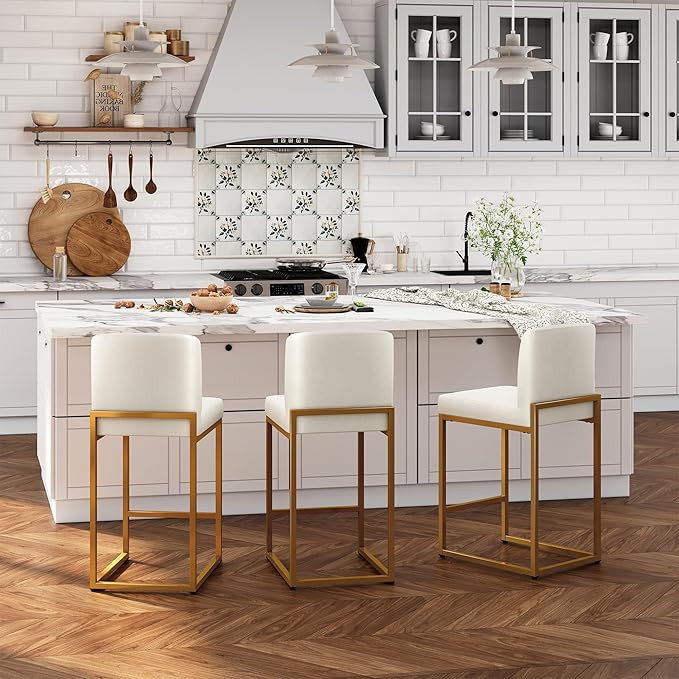 ALPHA HOME 24 Inch Bar Stools, Kitchen Counter Stools with Backs, PU Leather Barstools, White Bar Stools with Upholstered Footrest, Sturdy Chromed Metal Steel Frame, White