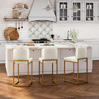 ALPHA HOME 24 Inch Bar Stools, Kitchen Counter Stools with Backs, PU Leather Barstools, White Bar Stools with Upholstered Footrest, Sturdy Chromed Metal Steel Frame, White
