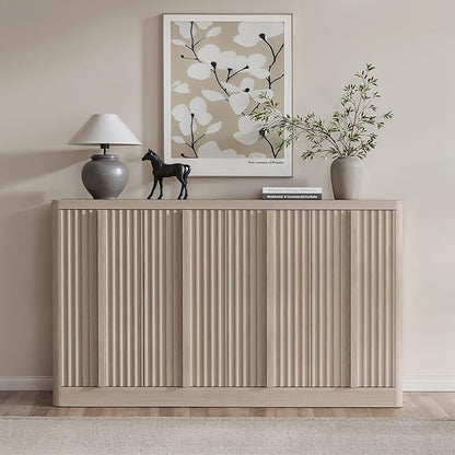 Fluted Buffet Cabinet with Storage, 60"Sideboard Buffet Cabinet with 4 Door-Modern Credenza Storage Cabinets with Adjustable Shelves, Solid Wood Handles for Kitchen Living Room, White Alder(1PC)