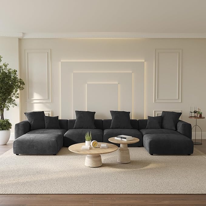 WJShome Cloud Couch Modular Sectional Sofa,181.1inch U Shaped Couch,Oversized Corduroy Couches with Ottoman and 6 Pillows,Black 6 Seater,Cushion Covers Removable& Washable