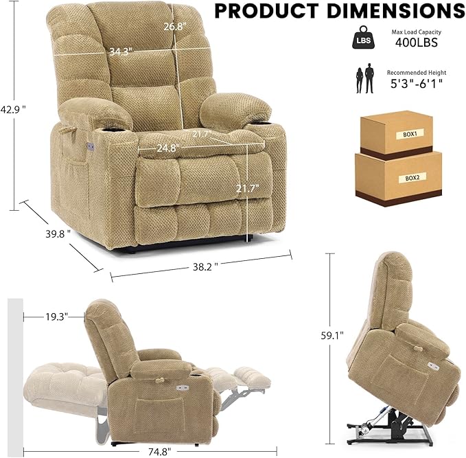 EONIX Wide Power Lift Recliner Chair for Elderly, 400lbs Heavy Duty Oversized Lift Chair with Heat and Massage, Lay Flat Power Lift Recliner with Cup Holders and Charging Ports, Beige