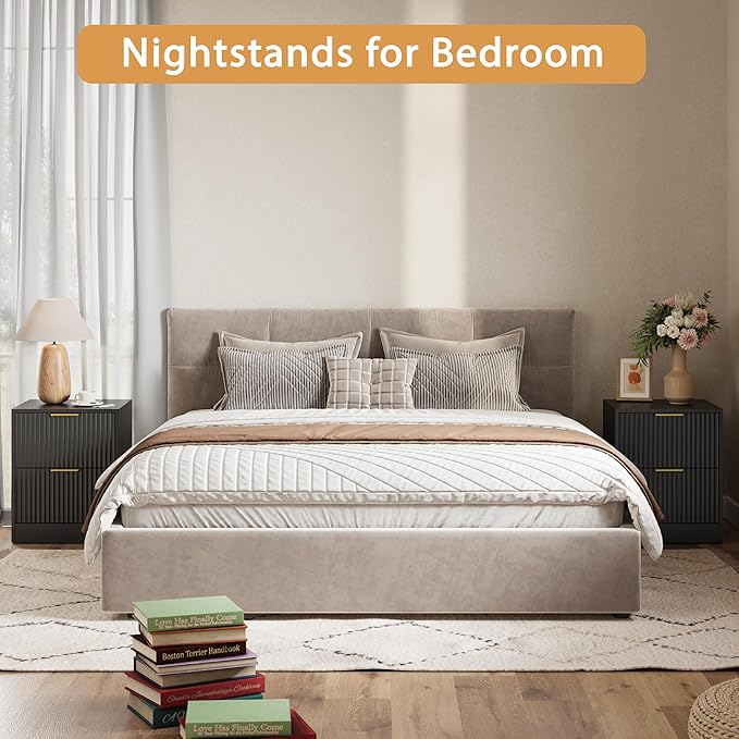 3-Piece Modern Bedroom Furniture Set, Wide 8-Drawer Dresser & 2-Drawer Nightstands Set of 2, Natural Wood Dresser and Nightstand Sets for Bedroom, Hallway, Black