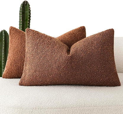 Foindtower Pack of 2 Textured Boucle Throw Pillow Covers Accent Solid Decorative Lumbar Pillow Cases Cozy Couch Cushion Case for Chair Sofa Bedroom Living Room Home Decor 12x20 Inch Red Taupe