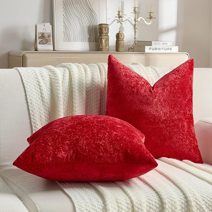FUTEI Christmas Red Flannel Throw Pillow Covers 16x16 Inch Set of 2,Soft Dimensional TextuChristmas Red Cushion Cases,Modern Home Decor for Couch Living Room