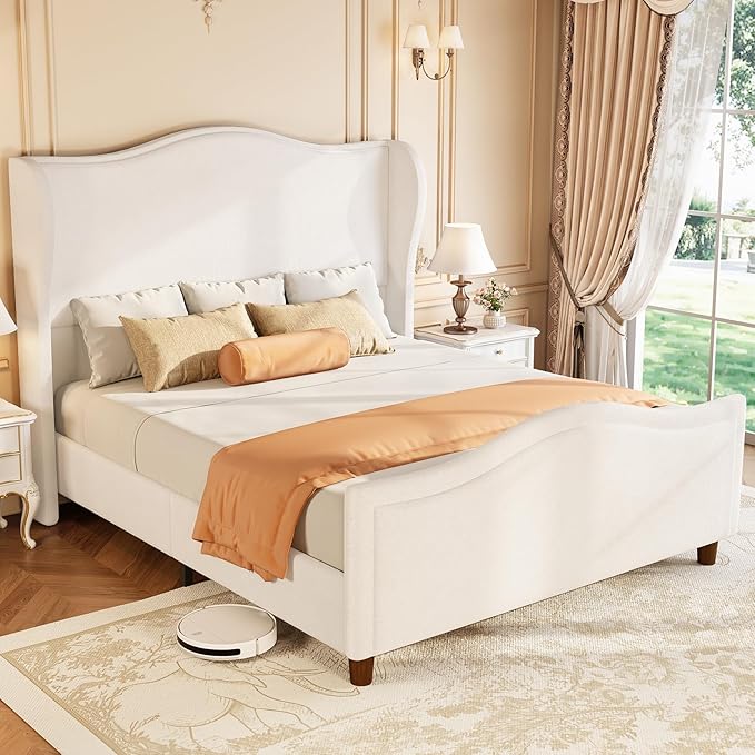koorlian King Size Bed Frame Chenille Upholstered Platform Bed with 51" Tall Headboard and High Deep Tufted Footboard, Modern Retro Minimalist Style Wingback Sleigh Bed, Easy Assembly, Cream