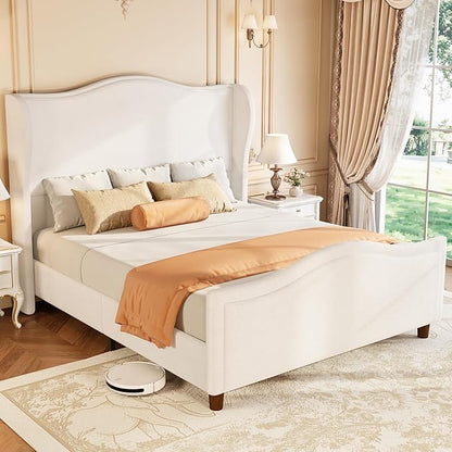 koorlian King Size Bed Frame Chenille Upholstered Platform Bed with 51" Tall Headboard and High Deep Tufted Footboard, Modern Retro Minimalist Style Wingback Sleigh Bed, Easy Assembly, Cream
